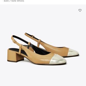 Brand new Nevwr Worn Tory Burch Tan and Silver Slingback Heels